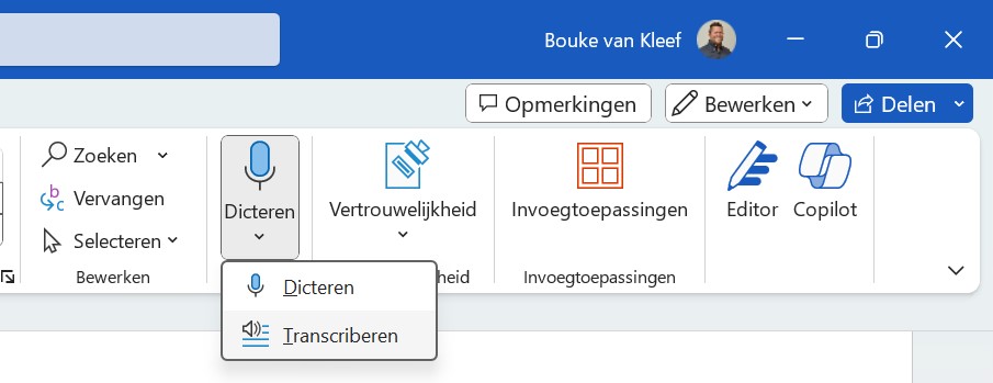 Notuleren met de Dicteren en Transcriberen knop in Word