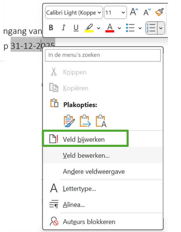 datum aanpassen afdruk samenvoegen-veld bijwerken