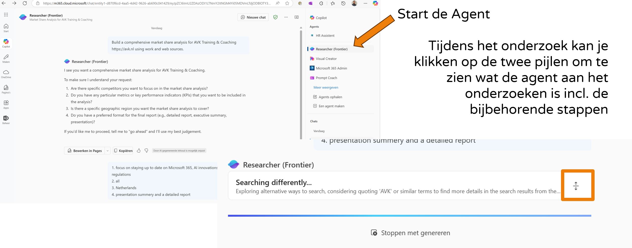 Bekijk live wat de researcher agent aan het onderzoeken is
