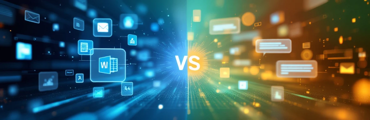 ai-interfaces-vergelijking-microsoft-chat-vs.jpg Split-screen vergelijking van Microsoft Office AI-interface versus chat AI-interface gescheiden door digitale VS-scheiding