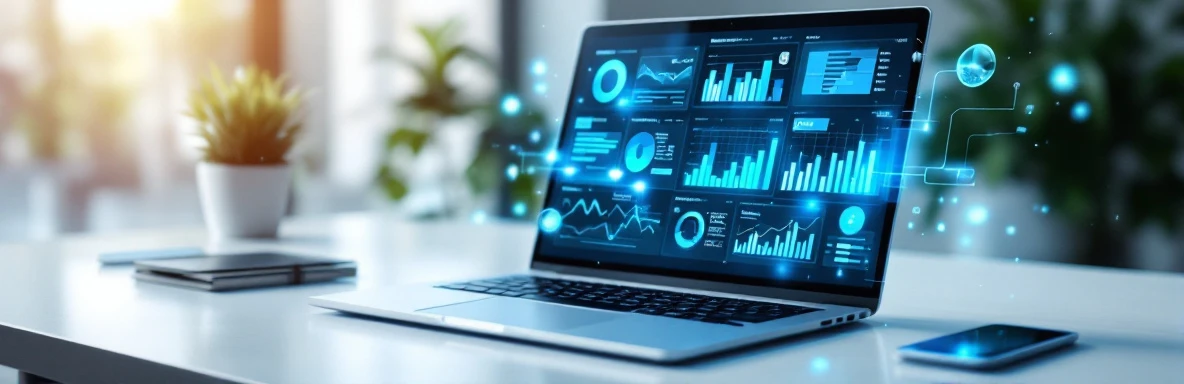 Laptop met kleurrijke analytics dashboards en holografische datavisualisaties op wit bureau in moderne kantooromgeving