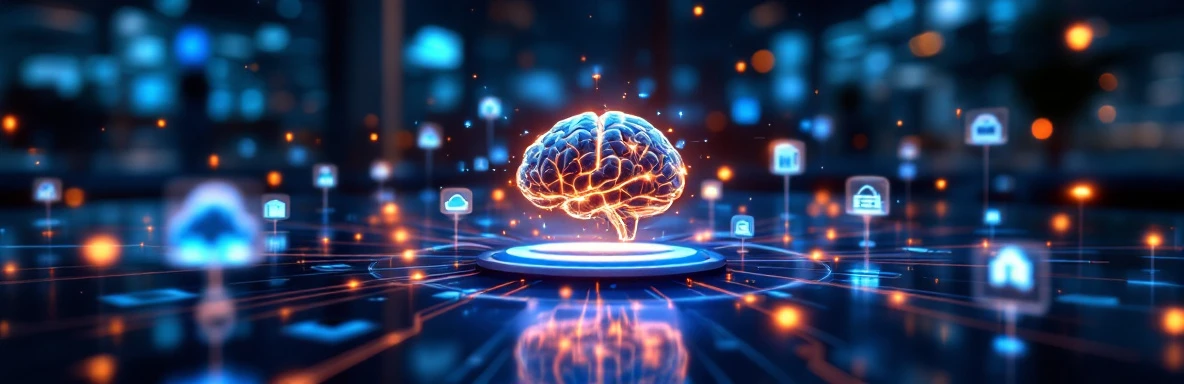 Microsoft Copilot AI-interface als holografische hub verbonden met zwevende systeemiconen in blauw-zilver omgeving