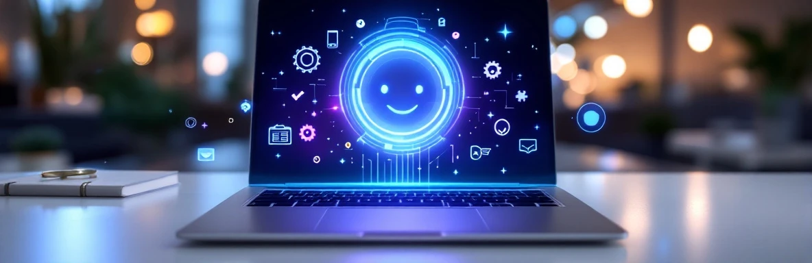 microsoft-copilot-ai-hologram-werkplek-productiviteit.jpg Microsoft Copilot AI-assistent pictogram zweeft boven laptop op moderne werkplek met blauwe holografische effecten