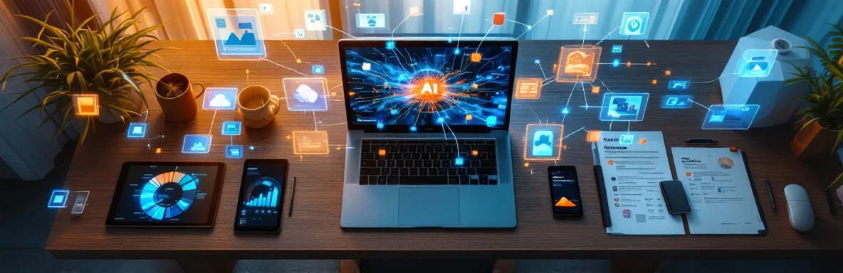 Moderne bureauopstelling met laptop die Microsoft Copilot AI-interface toont, omringd door holografische werkstroomdiagrammen