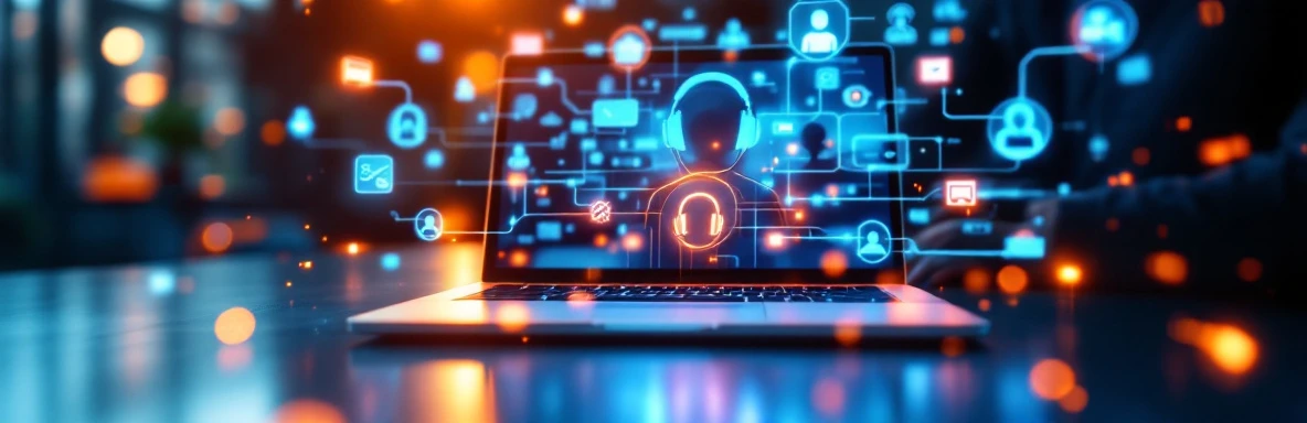 Laptop met Microsoft Copilot interface omringd door holografische support iconen en gloeiende verbindingspaden