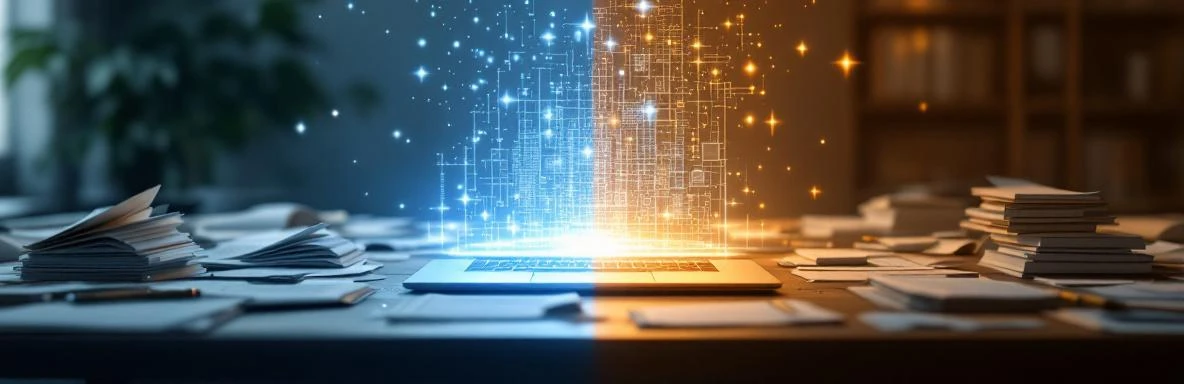 Vergelijking rommelig bureau met papierwerk versus georganiseerde werkplek met holografische AI-assistent en automatisering