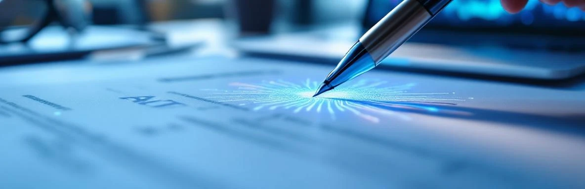 Zakelijk document met AI-hologram watermark en zwevende pen boven handtekeninglijn op modern bureau