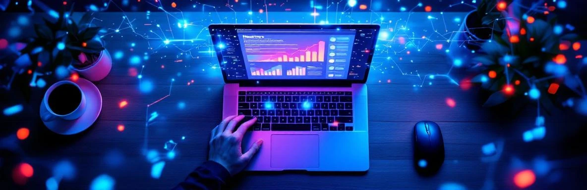 Laptop met nieuwsbriefsjabloon en holografische AI-netwerken erboven, gezien van bovenaf op bureau met muis en koffie
