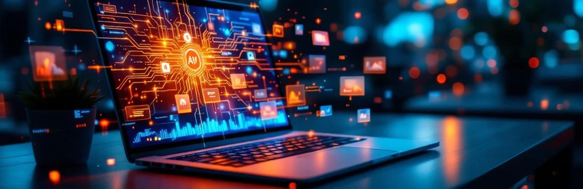 Laptop met PowerPoint-presentatie en holografische AI-netwerken die boven het toetsenbord zweven op moderne werkplek