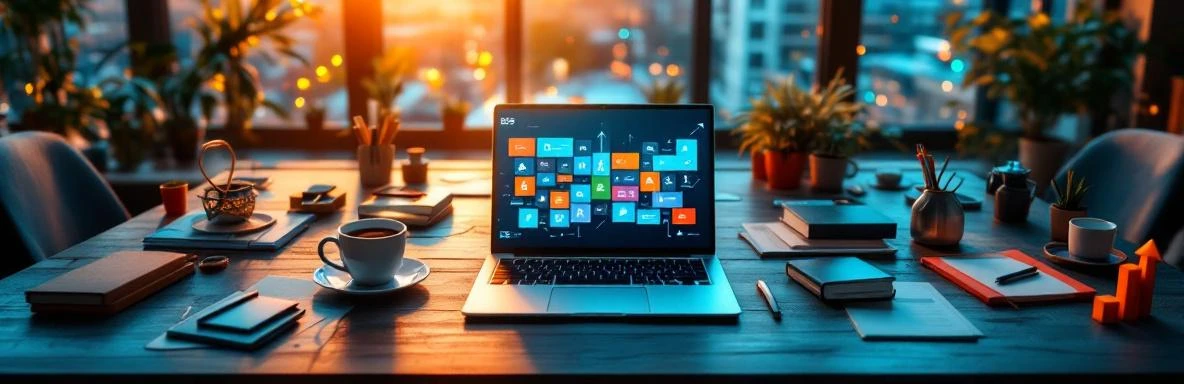 microsoft-365-rotterdam-kantoor-workspace-productiviteit.jpg Laptop met Microsoft 365 iconen op modern bureau in Rotterdam kantoor met koffie en stadsgezicht door raam