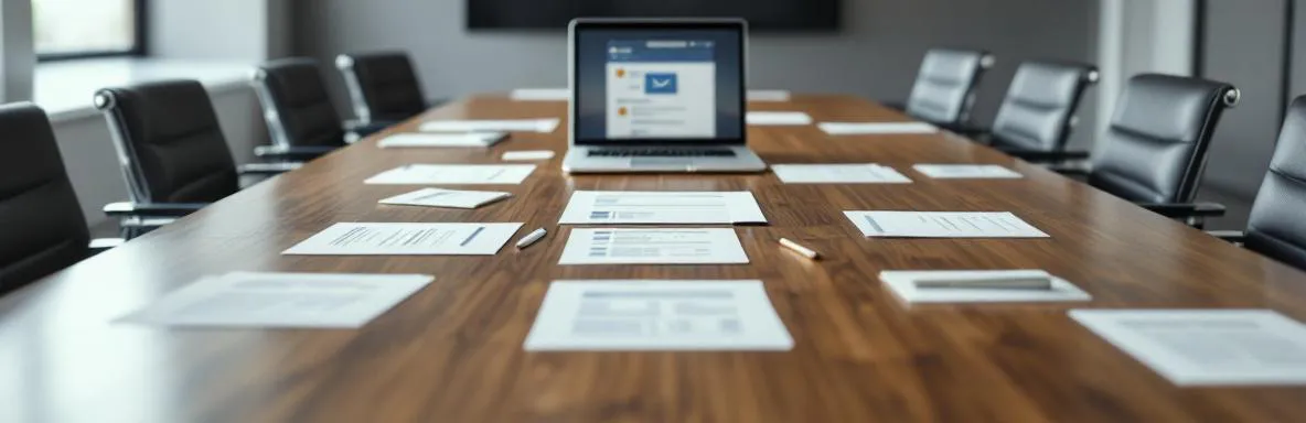 Moderne vergadertafel met agenda's en notitieblokken, laptop met e-mail inbox, lege stoelen na meeting