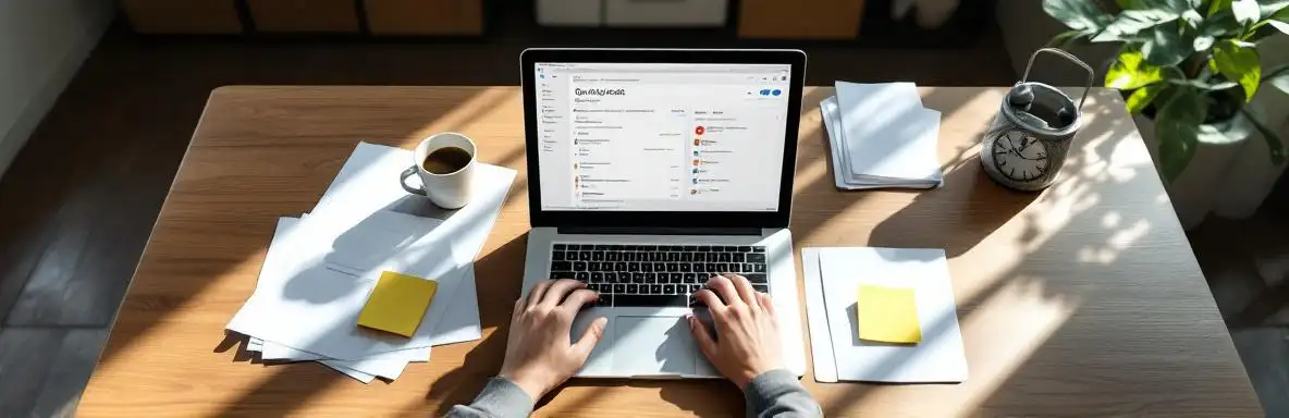 Laptop met Microsoft Outlook inbox op houten bureau met documenten, notities en koffiemok in kantooromgeving