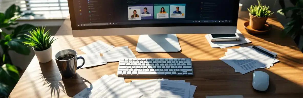 Bovenaanzicht van bureauopstelling met Microsoft Teams op monitor, verspreide emails, koffiemok en natuurlijk licht