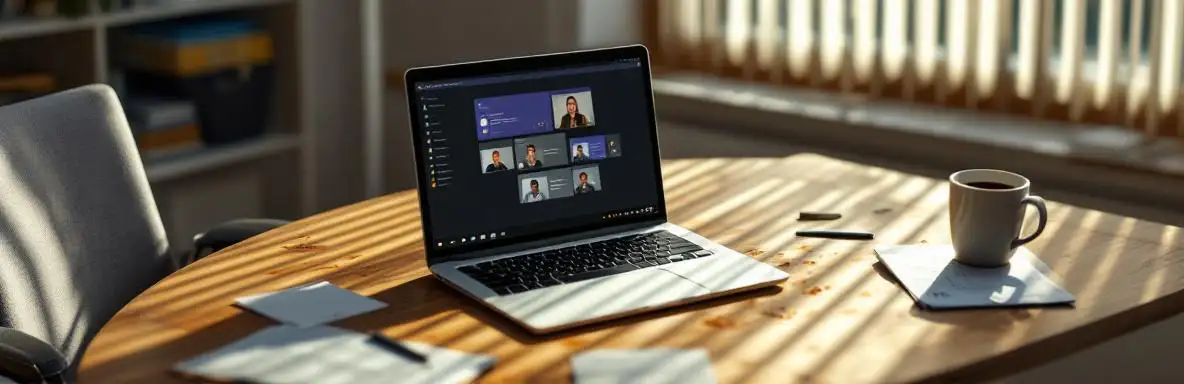 Laptop met Microsoft Teams interface op houten bureau met koffiekopje en papieren, natuurlijk kantoorlicht