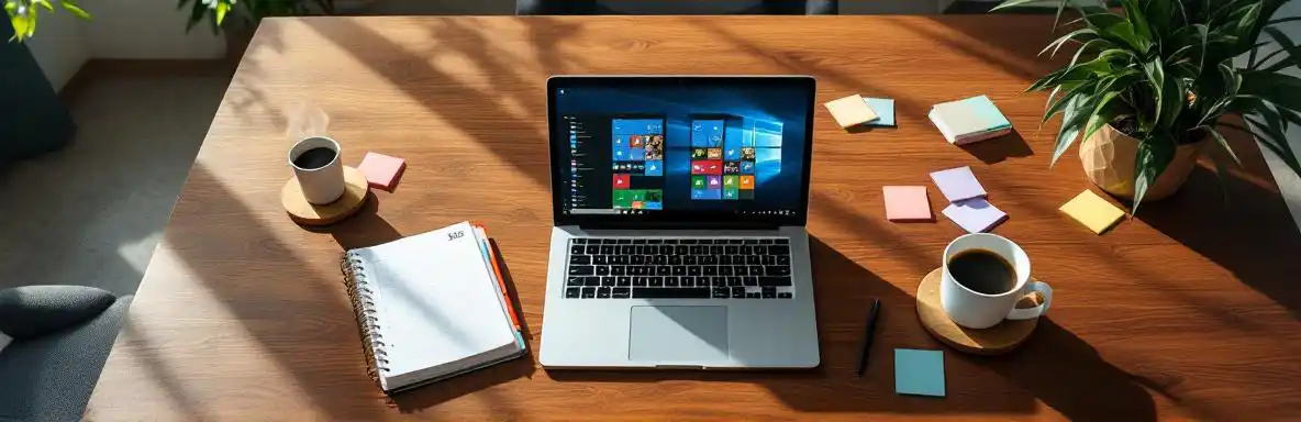 Modern bureau met open laptop met Microsoft 365 interface, dagplanner, koffiekop en notities in natuurlijk licht