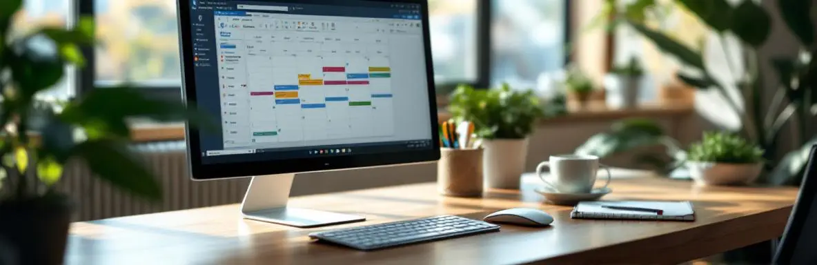Computermonitor toont Microsoft Outlook agenda met geblokkeerde tijdsloten op houten bureau met toetsenbord en muis