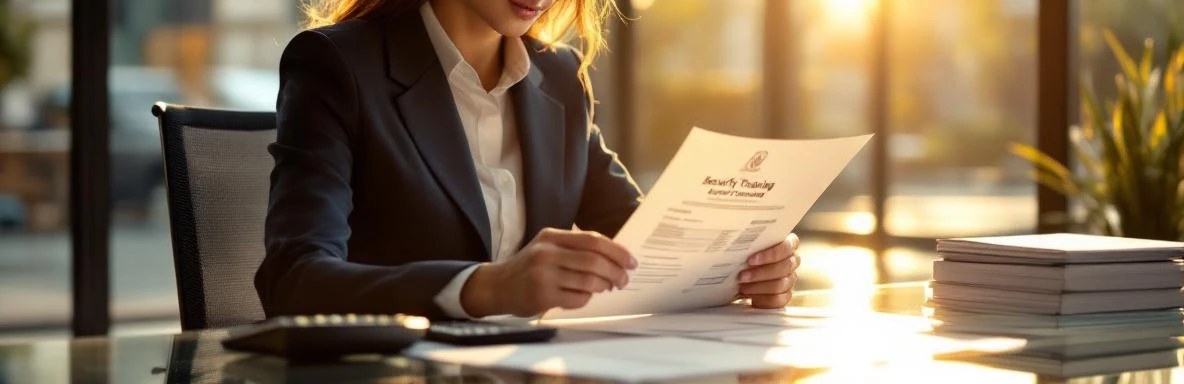 security-training-certificaat-zakenvrouw-kantoor.jpg Zakenvrouw in marineblauw jasje bestudeert beveiligingscertificaat aan glazen bureau met rekenmachine en facturen