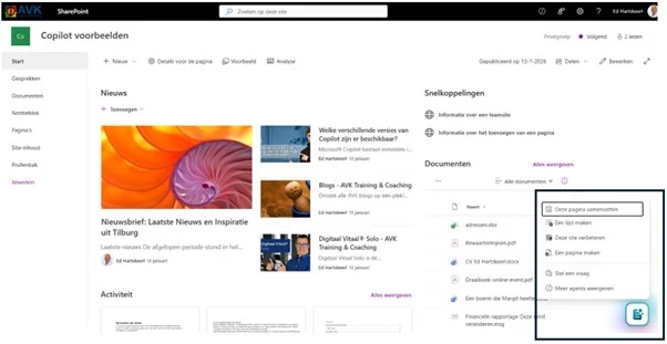 screenshot van Copilot Studio integratie in SharePoint 